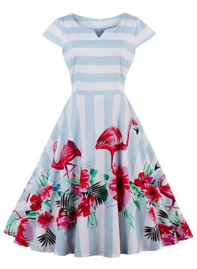 Oasap Stripe Floral Embroidery A-line Swing Dress