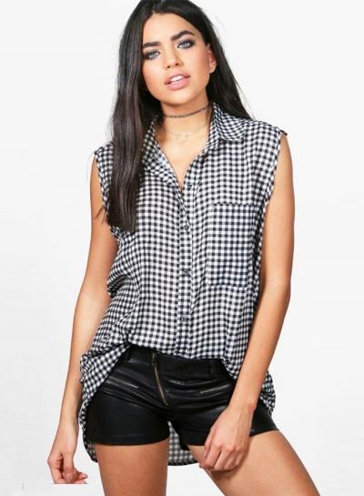 Oasap Simple Turn-down Collar Sleeveless Plaid Shirt
