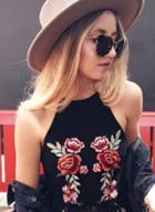 Oasap Halter Sleeveless Floral Embroidery Crop Top