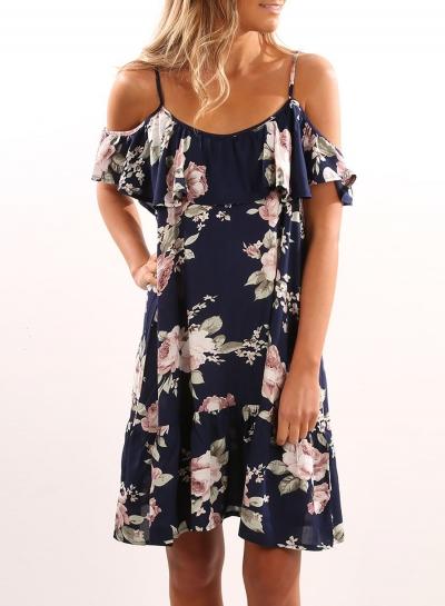 Oasap Floral Print Spaghetti Strap Ruffle Dress