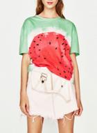 Oasap Round Neck Watermelon Print Loose Tee Shirt