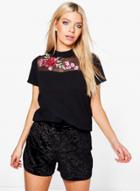 Oasap Black Floral Embroidery Mock Neck Tee Shirt