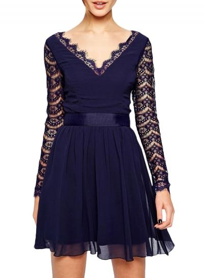 Oasap Women's Fashion V Neck Long Lace Sleeve Mini Skater Dress