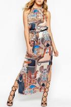 Oasap Chic Print Side Slit Halter Belted Maxi Dress