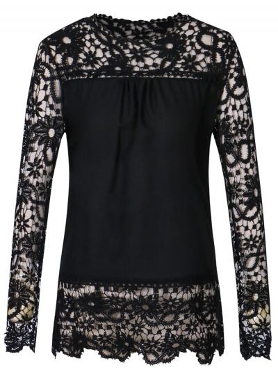 Oasap Casual Solid Lace Panel Pullover Blouse