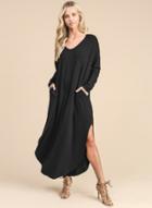 Oasap V Neck Long Sleeve Solid Color Maxi Dress With Pockets