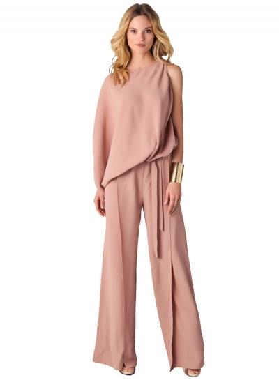 Oasap Fashion Solid One Long Sleeve Wide Leg Jumpsuit