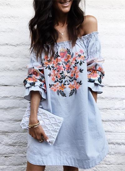 Oasap Off Shoulder Floral Embroidery Loose Mini Dress