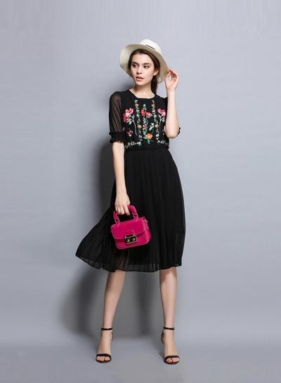 Oasap Flounce Sleeve Floral Embroidery Chiffon Dress