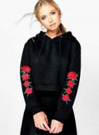 Oasap Rose Embroidered Long Sleeve Cropped Hoodie