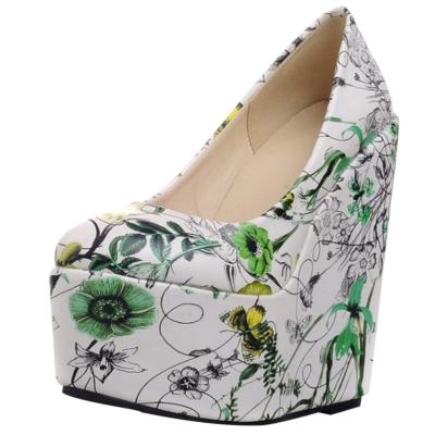 Oasap Slip On Floral Printing High Wedge Platform Pumps