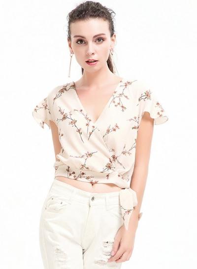 Oasap Floral Print Flounce Sleeve Tee Shirt
