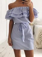 Oasap Stripe Off Shoulder Ruffle Dress With Belt