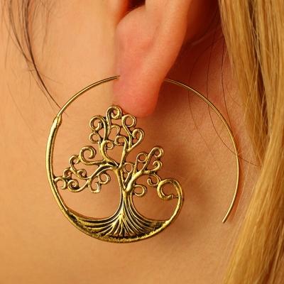 Oasap Fashion Vintage Alloy Circle Round Life Tree Pattern Earrings