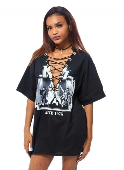 Oasap Band Pattern Print Tee Shirt