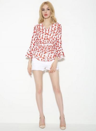 Oasap V Neck Flare Sleeve Fox Print Blouse