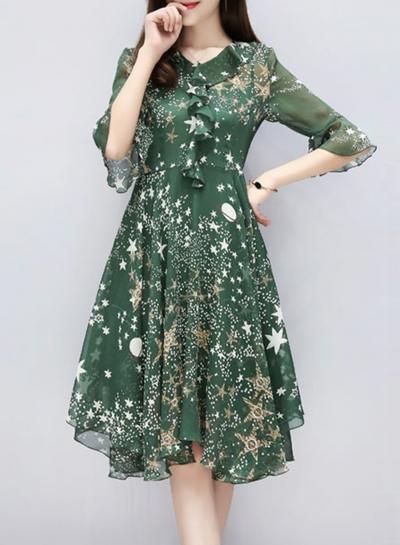 Oasap Floral Printed V-neck Half Sleeve A-line Dress