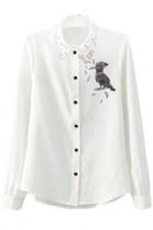 Oasap Fashion Bird Print White Button Down Shirt