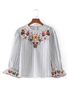 Oasap Round Neck Flare Sleeve Floral Embroidery Button Down Striped Blouse