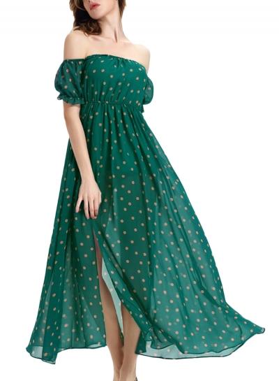 Oasap Women's Polka Dot Print Off Shoulder Slit Chiffon Dress