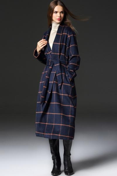 Oasap Elegant Tartan Plaid Open Front Belted Coat