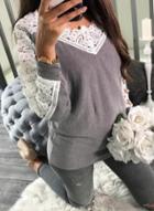Oasap V Neck Lace Panel Color Block Long Sleeve Knit Tee Shirt