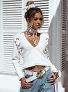 Oasap V Neck Long Sleeve Solid Color Lace-up Sweater