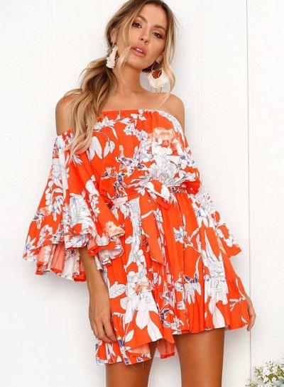 Oasap Floral Printed Flare Sleeve Off The Shoulder Slash Neck Mini Dress