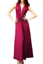 Oasap Women's Deep V Neck Rhinestone Ruched Waist Evening Maxi Dress