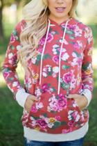 Oasap Fashion Floral Print Long Sleeve Drawstring Hooded Sweatshirt