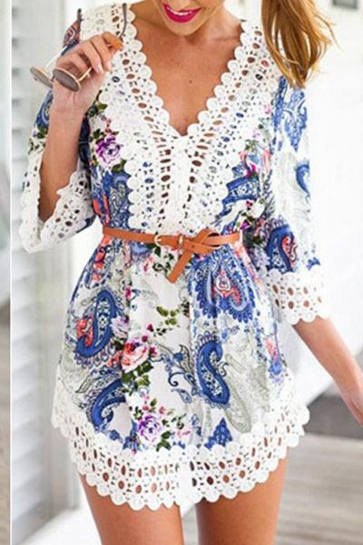 Oasap Paisley Floral Elbow Sleeve Mini Dress