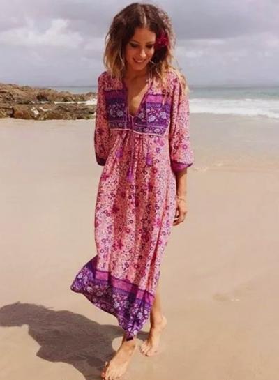 Oasap Boho Tie Neck Long Sleeve Pleated Dress