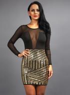 Oasap Hot Round Neck Long Sleeve Sequin Sheer Bodycon Dress