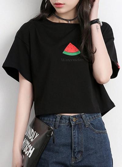 Oasap Short Sleeve Watermelon Printed Cropped Tee