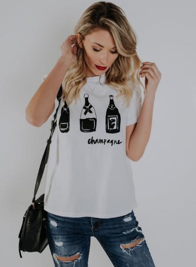 Oasap Round Neck Short Sleeve Winebottle Printed Tee Shirt