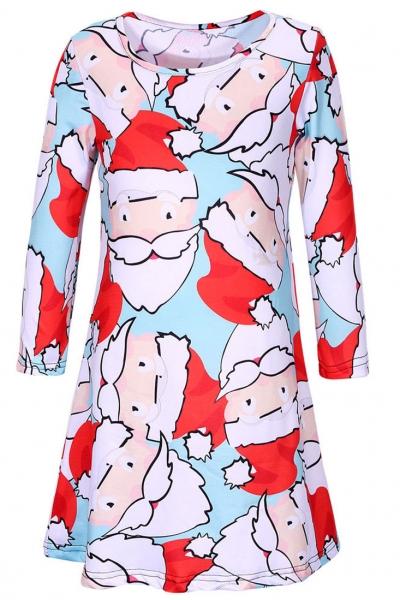 Oasap Fancy Round Neck Long Sleeve Cartoon Santa Claus Printing Dress