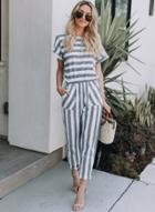 Oasap Fashion Short Sleeve Round Neck Striped Jumpsuits With Pockets