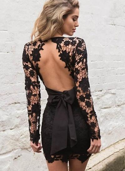 Oasap V Neck Backless Hollowed Out Crochet Bodycon Dress With Belt