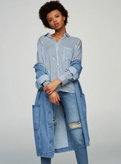 Oasap Fashion Cat Printing Stripped Shirt