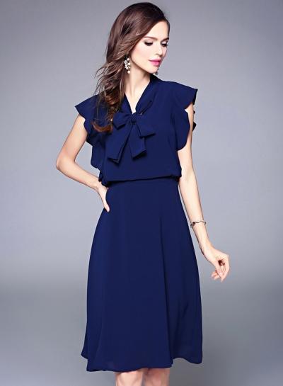 Oasap Bow Tie Collar Sleeveless Ruffle Trim Solid Dress