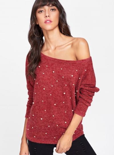 Oasap One Shoulder Long Sleeve Pearls Detail Pullover Sweater