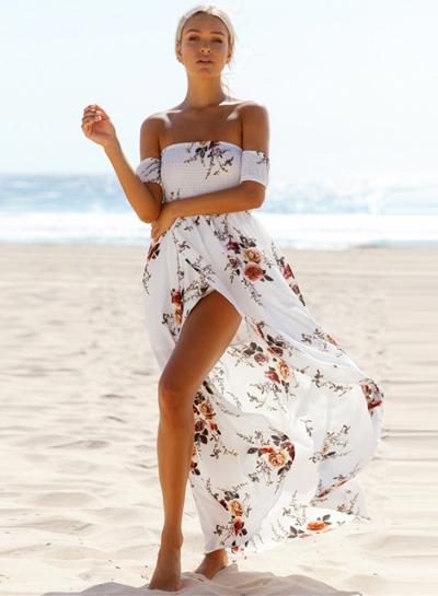 Oasap Strapless Short Sleeve High Slit Maxi Dress