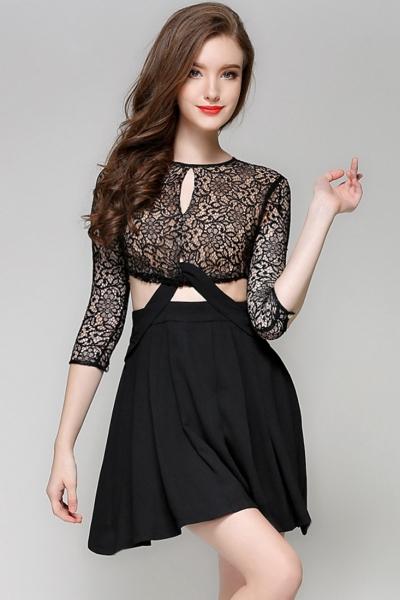 Oasap Stylish Lace Hollow Out Mini Dress