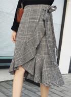 Oasap High Waist Plaid Irregular Ruffle Midi Skirt
