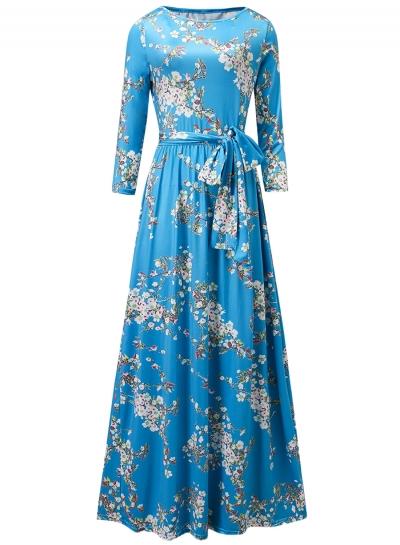 Oasap Floral Print 3/4 Sleeve Bohemian Maxi Dress With Belt