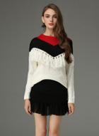Oasap Fashion Color Block Pullover Sweater With Tassel