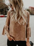 Oasap Solid Color Suede Flare Sleeve Round Neck Tee Shirt