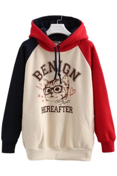 Oasap Color Block Cat Fleece Hoodie