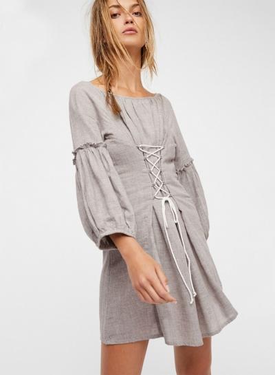 Oasap Solid Color Lantern Sleeve Lace Up Mini Dress