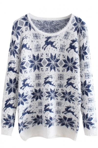 Oasap Sweet Mohair Snowflake Print Round Neckline Sweater